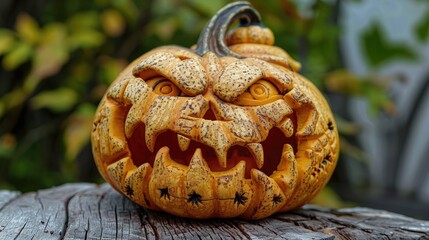 Canvas Print - Halloween Scary Pumpking With A Fingers Cookies Decoration Outdoor Wooden Table