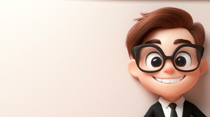A cartoon boy wearing glasses and a suit is smiling