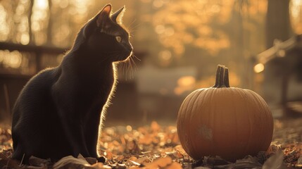 Wall Mural - A sleek black cat sitting beside an uncarved pumpkin, both bathed in golden hour sunlight.