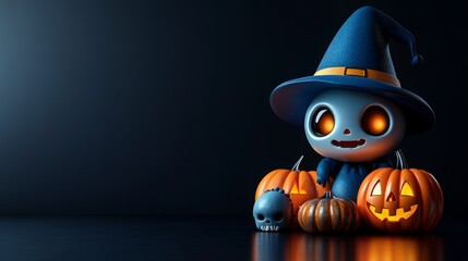 Cute Halloween Characters with Pumpkins and Spooky Autumn Decorations	