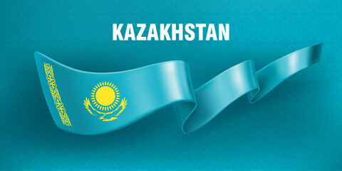 Wall Mural - Waved silk ribbon on a blue background with a traditional kazakh ornament. The sun and the eagle are the symbol of Kazakhstan. Background for greeting card of national holidays in Kazakhstan