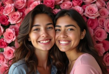 Two smiling women posing in front of pink rose background, joyful friendship, happy moments, floral backdrop, positive vibes