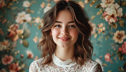 Wall Mural - Serene portrait of a smiling young woman in a white lace top, surrounded by floral wallpaper, exuding natural beauty and tranquility