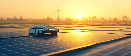 Poster - A solar panel cleaning robot operates on a solar farm during sunset, highlighting automated maintenance technology in renewable energy fields.