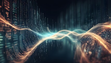 Abstract digital wave with binary code background, representing data flow and digital transformation.