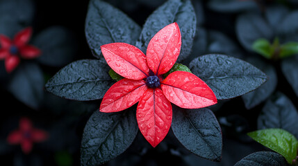 Wall Mural - Vibrant red flower blooms amid dark green leaves with raindrops glistening in soft natural light