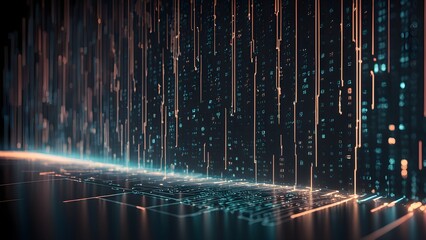 Wall Mural - Abstract digital background with glowing lines and a futuristic cityscape in the background.