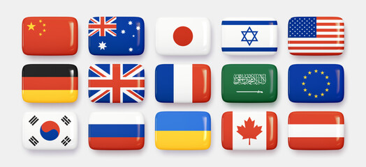 3D glossy versions of international flags in the form of buttons or icons, isolated set on white background. vector illustration