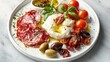 © 2rogan - Italian Antipasti Snacks On White Plate On Marble Background Focaccia Burrata Olives Sun Dried Tomatoes Salami Cheese Parmesan