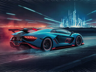 Wall Mural - Futuristic Supercar in Neon Metropolis