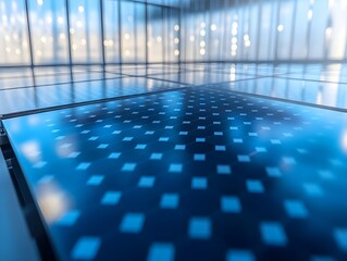Poster - Detailed close-up of innovative solar panels inside a modern building, showcasing cutting-edge renewable energy technology and futuristic design.