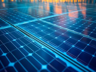 Poster - Detailed close-up of solar panels with a modern design, illuminated by ambient light, showcasing advanced renewable energy technology.