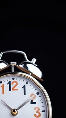 Classic alarm clock with white face and colored numbers on black background.