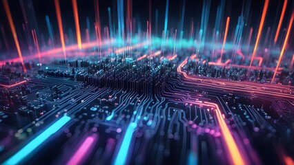Abstract digital background with glowing lines and circuit board patterns.