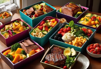 vibrant abundant meal boxes featuring varied mouthwatering food presentation enticing arrangement, culinary, ingredients, color, texture, serving, garnish