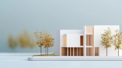 Wall Mural - Low-rise mass model with white walls, wooden shading devices, and gold edges, minimalist architecture