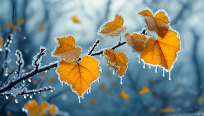 Poster - Heart-shaped arrangement of yellow autumn leaves on a frozen branch against a winter backdrop for Valentines Day celebration