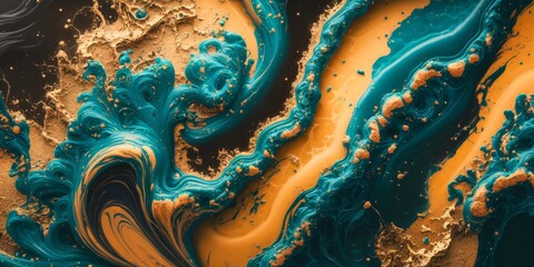 A luxurious marbling background with paint swirls in beautiful teal and orange colors. 