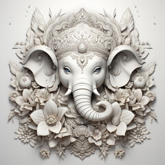 Intricate White Elephant Head with Floral Ornaments and Detailed Patterns on a Light Background