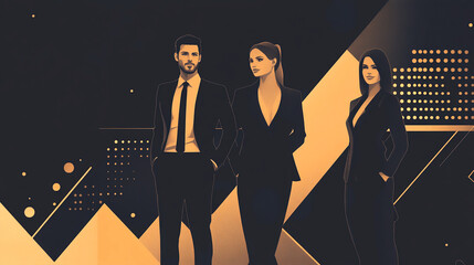 Silhouettes of business people in formal suits against an abstract graphic background symbolizing success and leadership