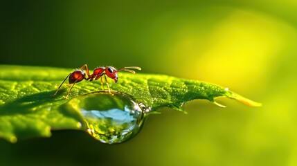 A tiny ant carefully interacts with a droplet of water resting on a green leaf, reflecting the natural world around it.