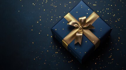 Dark blue gift box with gold satin ribbon on dark background. Top view of birthday gift with copy space for holiday or Christmas present