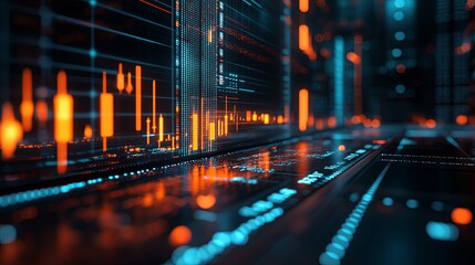 Wall Mural - digital data display with orange and blue glowing lines