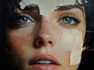 Wall Mural - Intense Gaze: A Woman's Face Revealed Through Peeling Paint