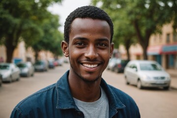 Close portrait of a smiling young Somali man looking at the camera, Somali outdoors blurred background