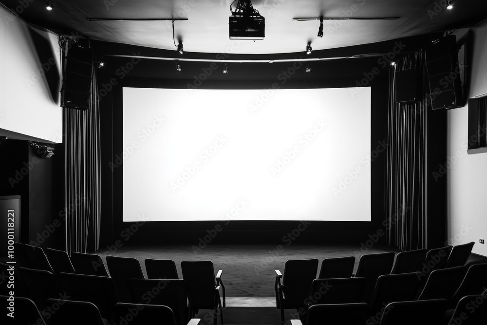 Black and white image of an empty movie theater with a blank projection ...