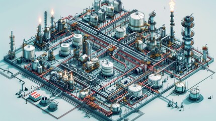 Wall Mural - Artistic illustration of refinery processes including hydrotreating and catalytic cracking featuring essential refinery equipment pipelines and storage tanks high resolution Illustration, in the