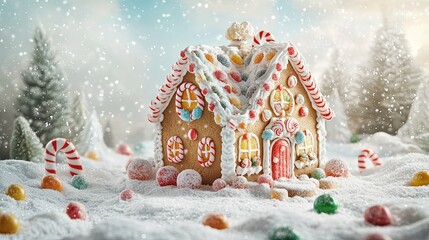 Gingerbread House Decorated with Candy in a Snowy Winter Scene