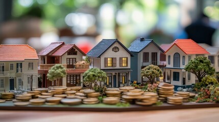 Mortgage collateral loan concept with coins and model houses. Real estate contracts and home equity line of credit (HELOC) depiction