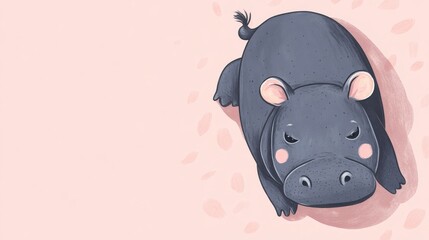 A cute, illustrated hippo lying down against a soft pink background, showcasing its playful and charming features.