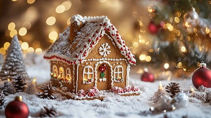 Decorated Gingerbread House with Snow and Christmas Lights