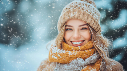 Portrait of a happy woman in warm clothing on snowing winter day outdoors. A walk through the winter forest. Concept of fun, relaxation. Female person in cold weather. Generative AI.