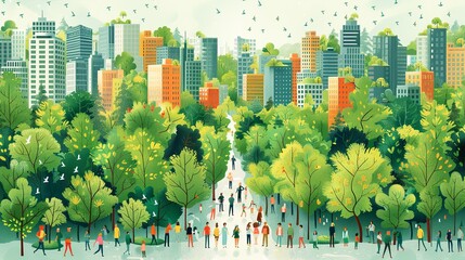 Wall Mural - Realistic image depicting the connection between sustainable development health and resource management in the context of overpopulation and environmental justice. high resolution Illustration, in