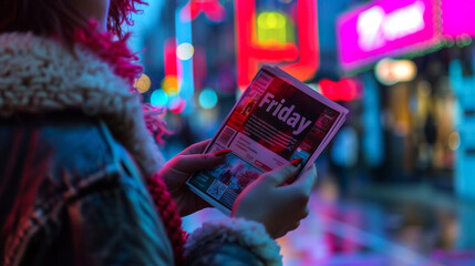 Young woman reading a newspaper titled Friday in a vibrant neon-lit city street at night. Concept of modern urban lifestyle, staying informed, energetic nightlife