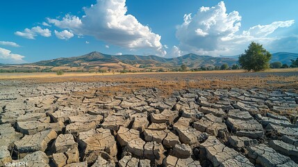 Wall Mural - Realistic photo of a landscape affected by El NiÃ±o with unusual dry conditions and cracked soil showcasing the environmental effects of changing weather patterns. high resolution Illustration, in the