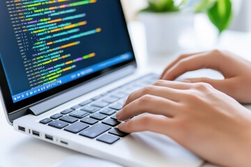 Close-up of a person typing code on a laptop screen with colorful programming software, highlighting technology and software development.