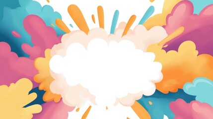 Cartoon, colorful explosion effect with white space in the center.