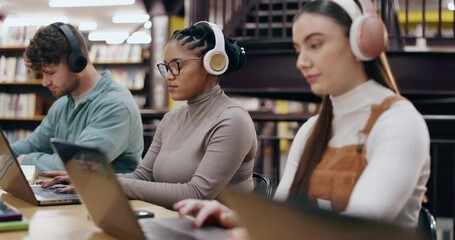 Poster - Research, online and laptop with people in library for knowledge, education and college thesis. Academy, future and university portal with students and studying for exam, project and scholarship