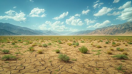 Poster - Realistic photo of a once-green landscape suffering from desertification with expanding barren land and minimal plant life indicating severe environmental stress. high resolution Illustration, in the