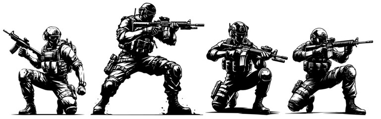 highly detailed illustration of soldiers in action, black and white combat team in various tactical positions