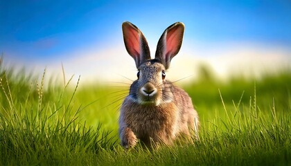 Wall Mural - A lively image of a cute rabbit sprinting through a lush green meadow.