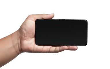 male hand holding a black smartphone with blank screen isolated on white background