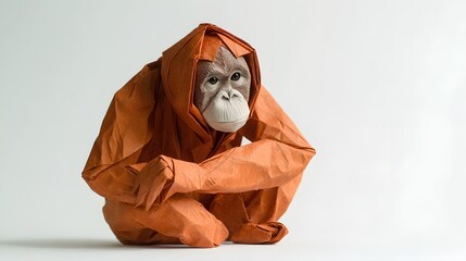 create An origami A Cute Orangutan: Great apes found in Borneo and Sumatra , in a graceful pose, with intricate folds in detail. The setting should be playful and endearing, with soft pastel-colored 