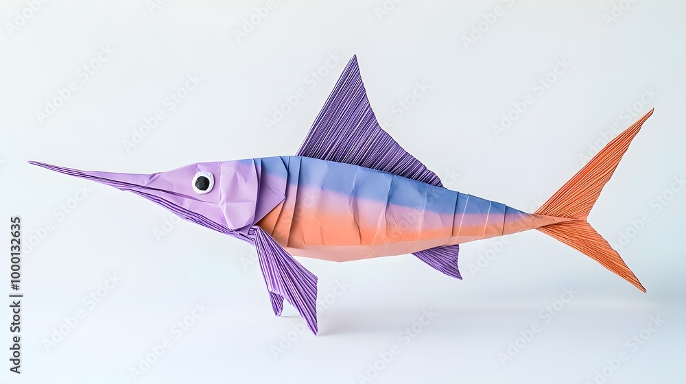 create An origami A Cute Swordfish: Fish with a long, sword-shaped bill , in a graceful pose, with intricate folds in detail. The setting should be playful and endearing, with soft pastel-colored 
