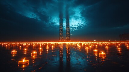 Wall Mural - A serene landscape with glowing candles and towering structures under a moody sky.