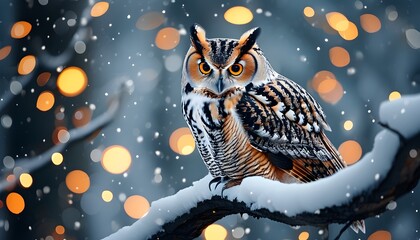 Wall Mural - majestic owl amidst winter snowfall with enchanting bokeh lights